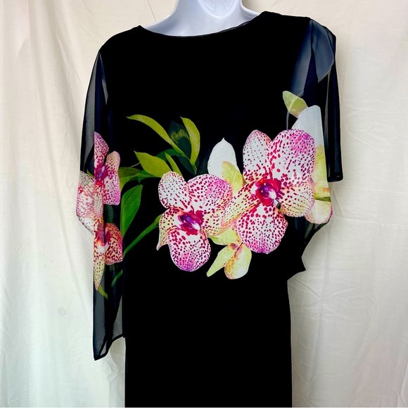 Venus Black Sheath‎ Dress with Large Pink Orchids Sheer Fabric Sleeveless Medium - Picture 8 of 12